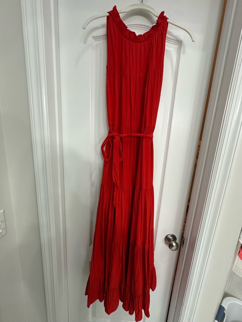 Pinch Red Sleeveless Tiered Maxi Dress with Waist Tie